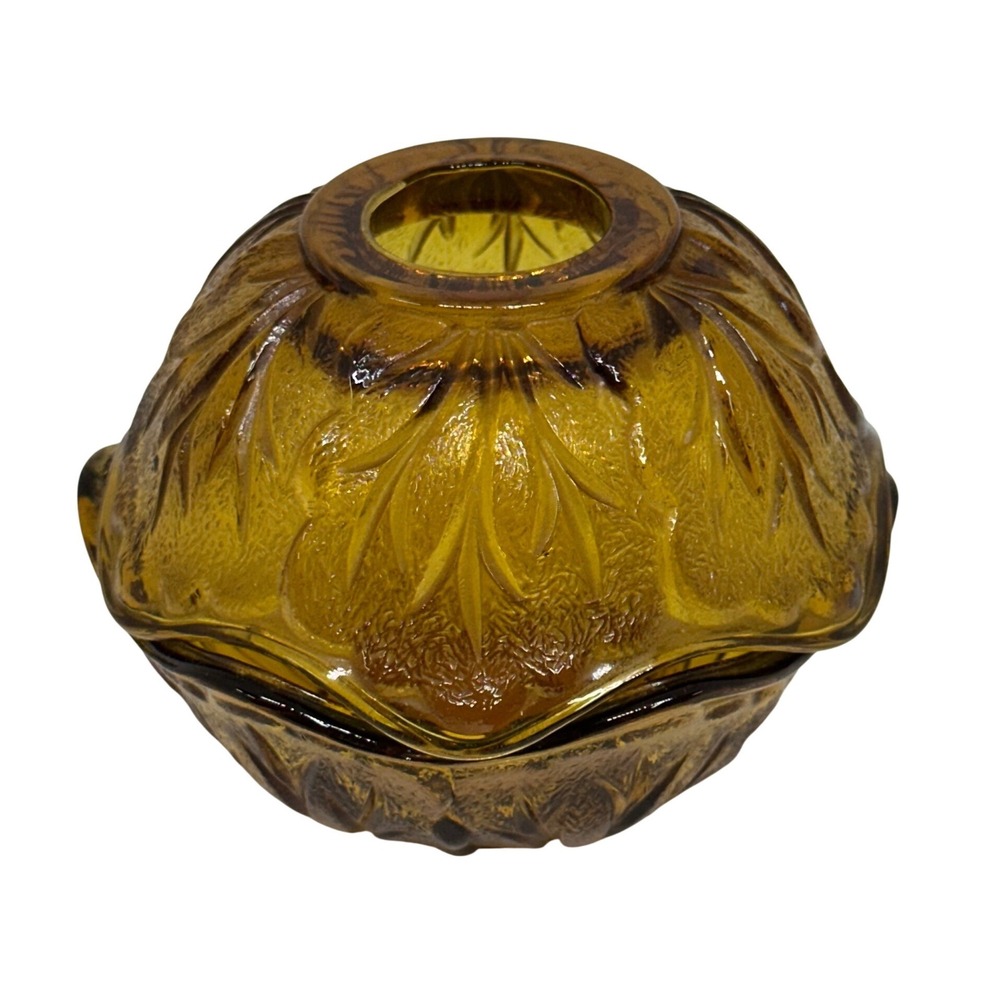 VTG Indiana Glass Fairy Lamp Amber Leaf Pattern Two Piece Votive Candle Holder